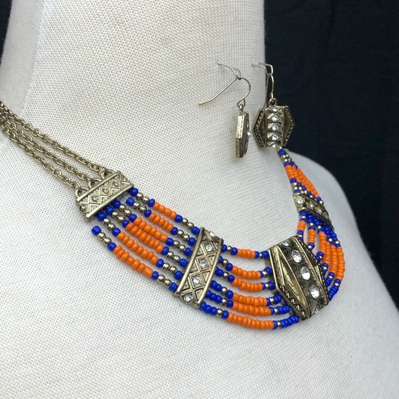 Orange and Blue Seed Bead Tribal Look Statement Necklace Earrings Set - Picture 3 of 4